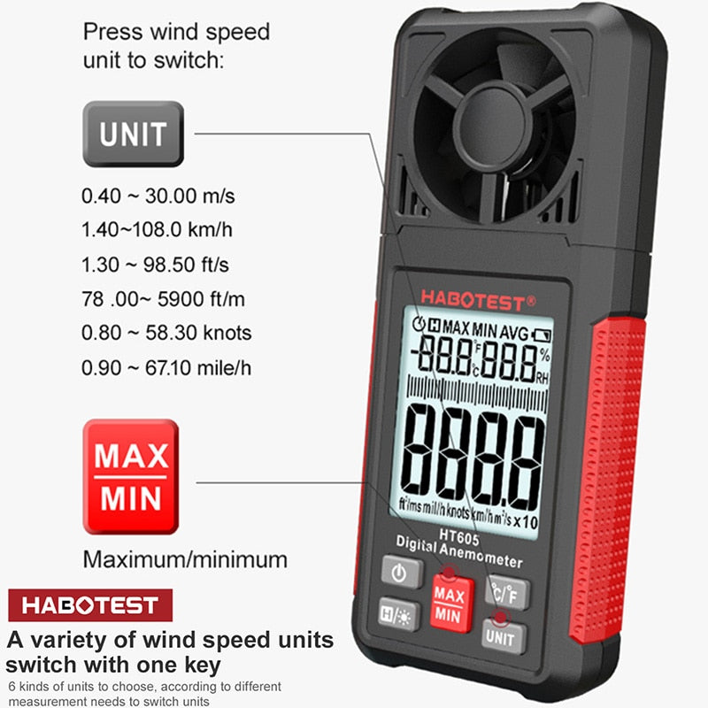 High Precision Anemometer HT605 Digital Handheld Anemometer Waterproof Wind Speed Meter Outdoor Measure Windsurfing Tester