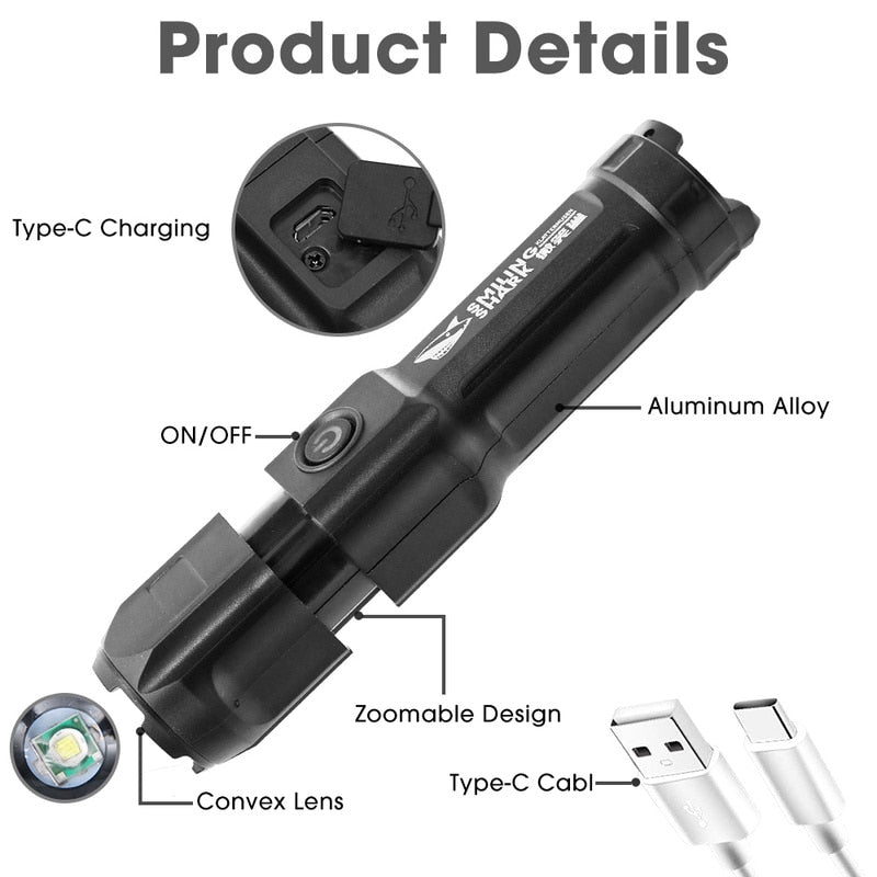 Lanterna forte luz recarregável zoom gigante brilhante xenon forças especiais casa ao ar livre portátil led lanterna luminosa