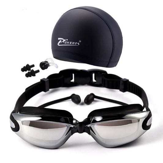 Swim Goggles with Cap Ear Plug Nose Clip Suit Professional Swimming Glasses Anti-fog PU Hat Waterproof Swim Eyewear