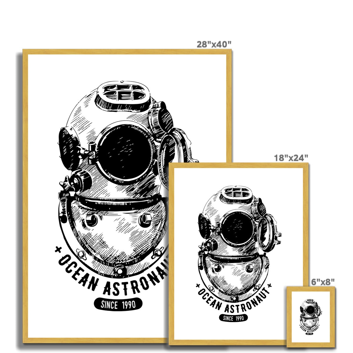 AQUA B&W - 05 - Astronauta oceano - Impressão antiga emoldurada e montada
