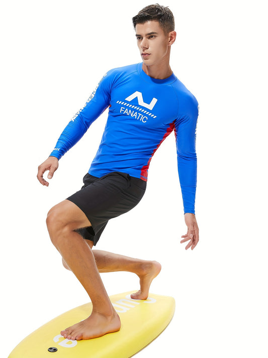 Letter Print Men's Skinny High Stretch Round Neck Top For Beach And Pool, Water Sports