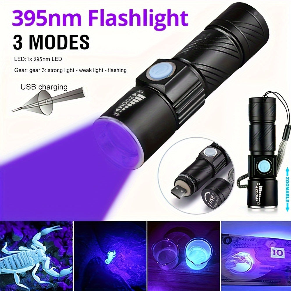 One UV 395nm flashlight, USB rechargeable, adjustable focus UV light, 3-speed mini flashlight, UV light, used for pet detection light, home, outdoor, camping, fishing light