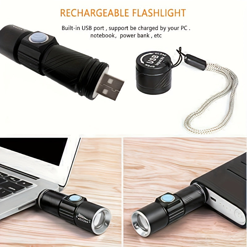 One UV 395nm flashlight, USB rechargeable, adjustable focus UV light, 3-speed mini flashlight, UV light, used for pet detection light, home, outdoor, camping, fishing light