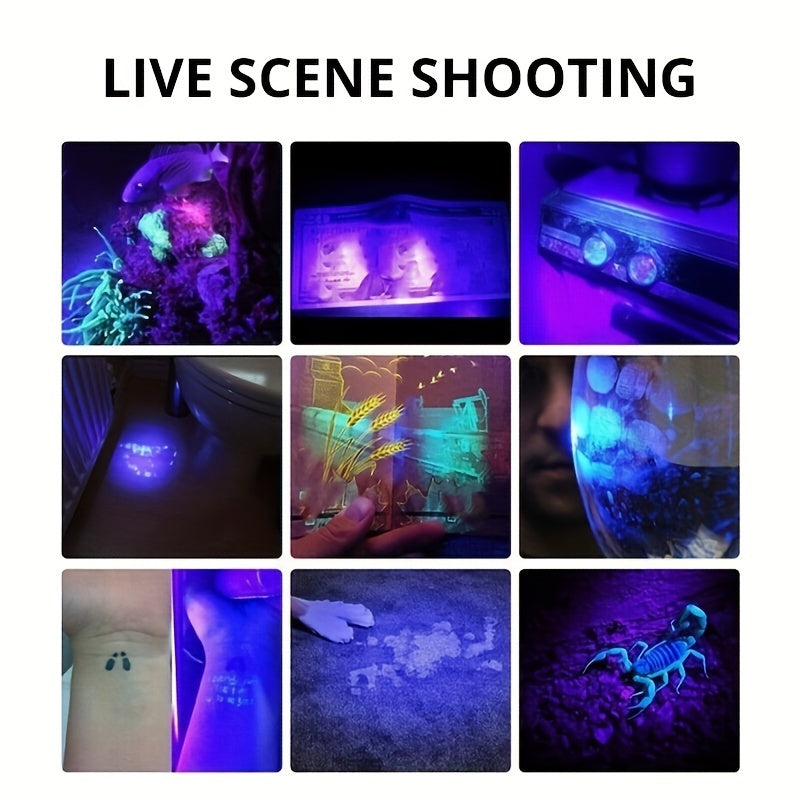 One UV 395nm flashlight, USB rechargeable, adjustable focus UV light, 3-speed mini flashlight, UV light, used for pet detection light, home, outdoor, camping, fishing light