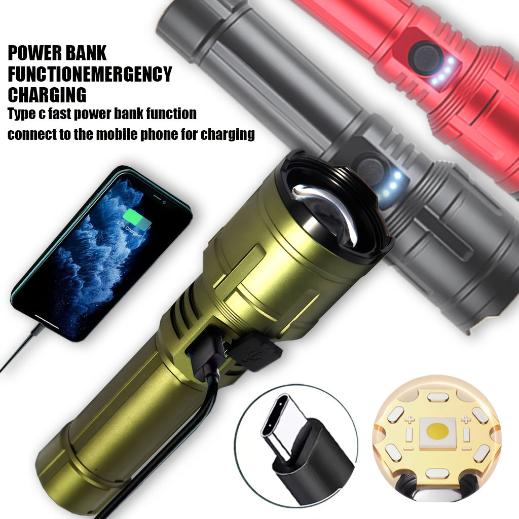 Outdoor Portable Flashlight with Ignition Function - Rechargeable Battery Power Bank Function, Long Battery Life - Aluminum Alloy Material, Suitable for Emergencies, Camping, Hiking | Bright And Durable Outdoor Life-saving Fl