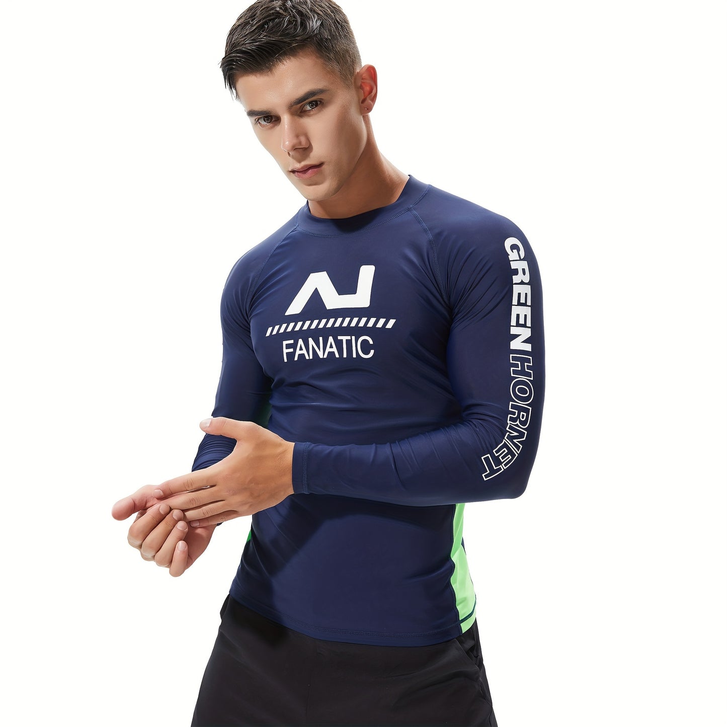 Letter Print Men's Skinny High Stretch Round Neck Top For Beach And Pool, Water Sports