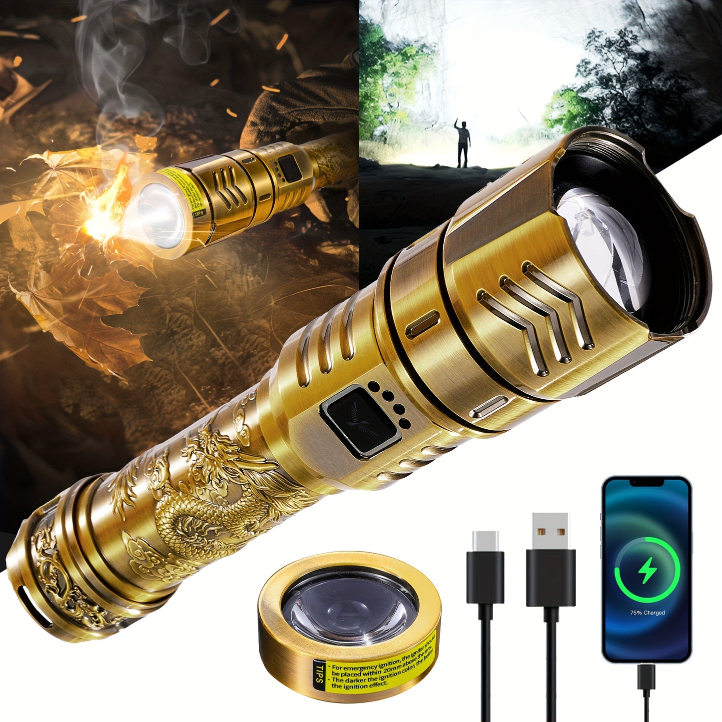 SKYFIRE LED High-brightness Golden Dragon Pattern Flashlight, 4000mAh Rechargeable Flashlight with Ignition Lens, Zoom Function, Four Modes, Suitable for Camping, Outdoor And Household Use, Mini Flashlight Rechargeable, Super
