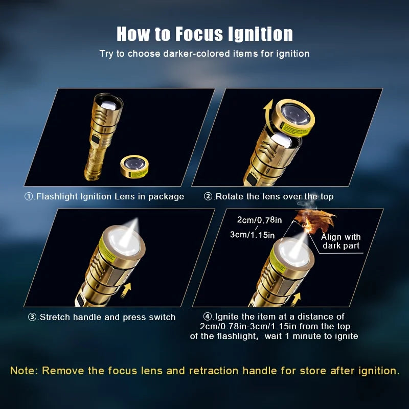 LED High-brightness Golden Dragon Pattern Flashlight 4000mAh Rechargeable Flashlight with Ignition Lens Zoom Function Four Modes