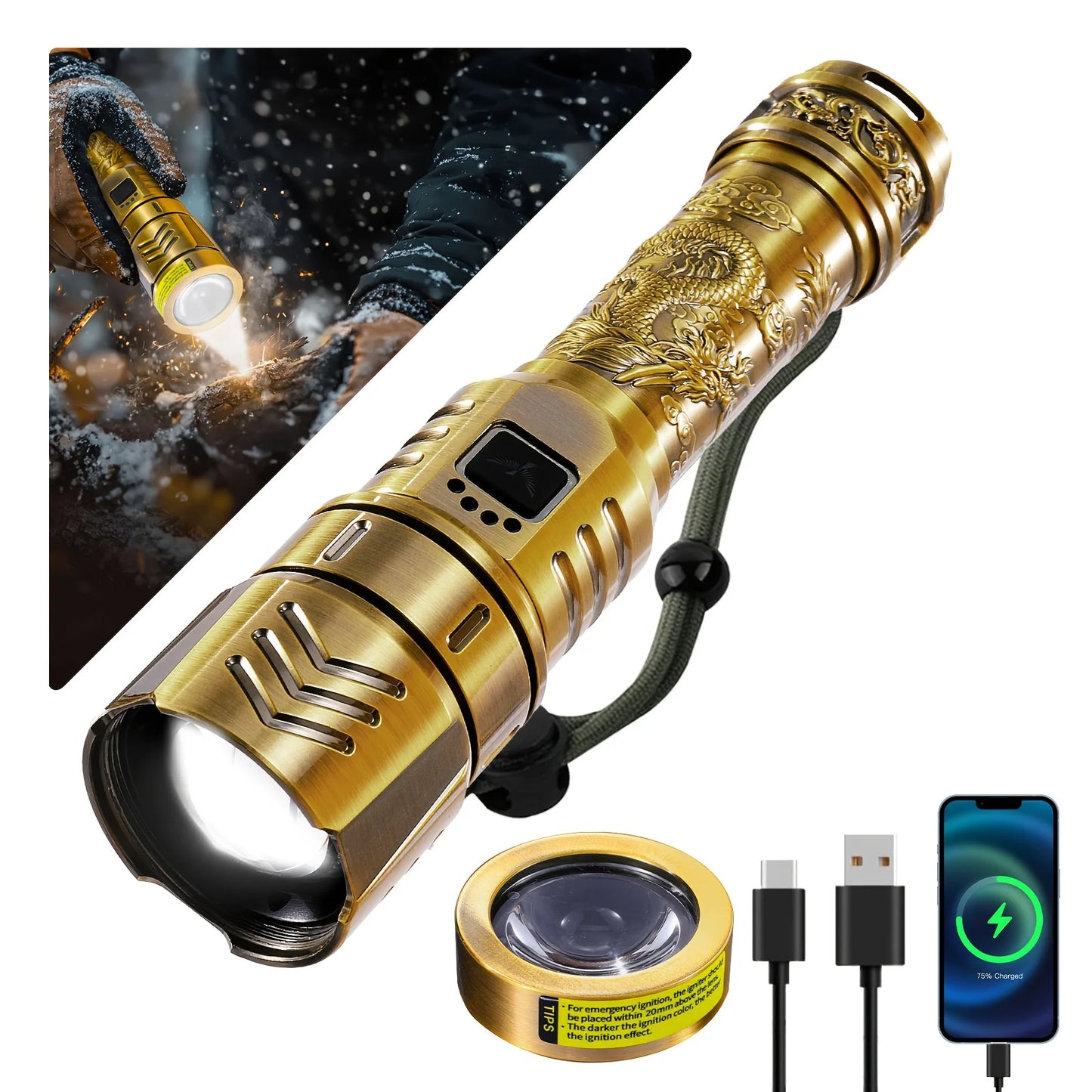 LED High-brightness Golden Dragon Pattern Flashlight 4000mAh Rechargeable Flashlight with Ignition Lens Zoom Function Four Modes