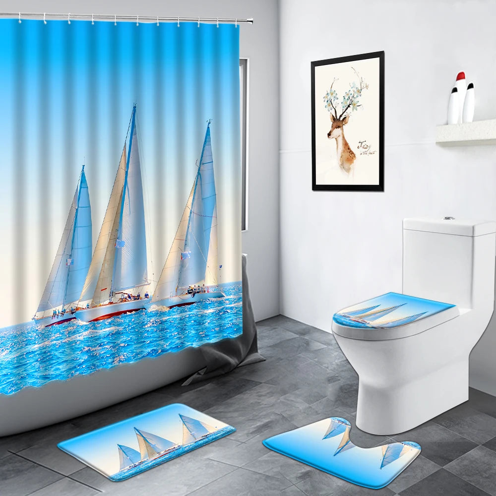 Nautical Sailboat Sports Ocean Landscape Shower Curtain Birds Sea Wave Scenery Bathroom Decor Non-slip Rug Toilet Bath Mats Sets