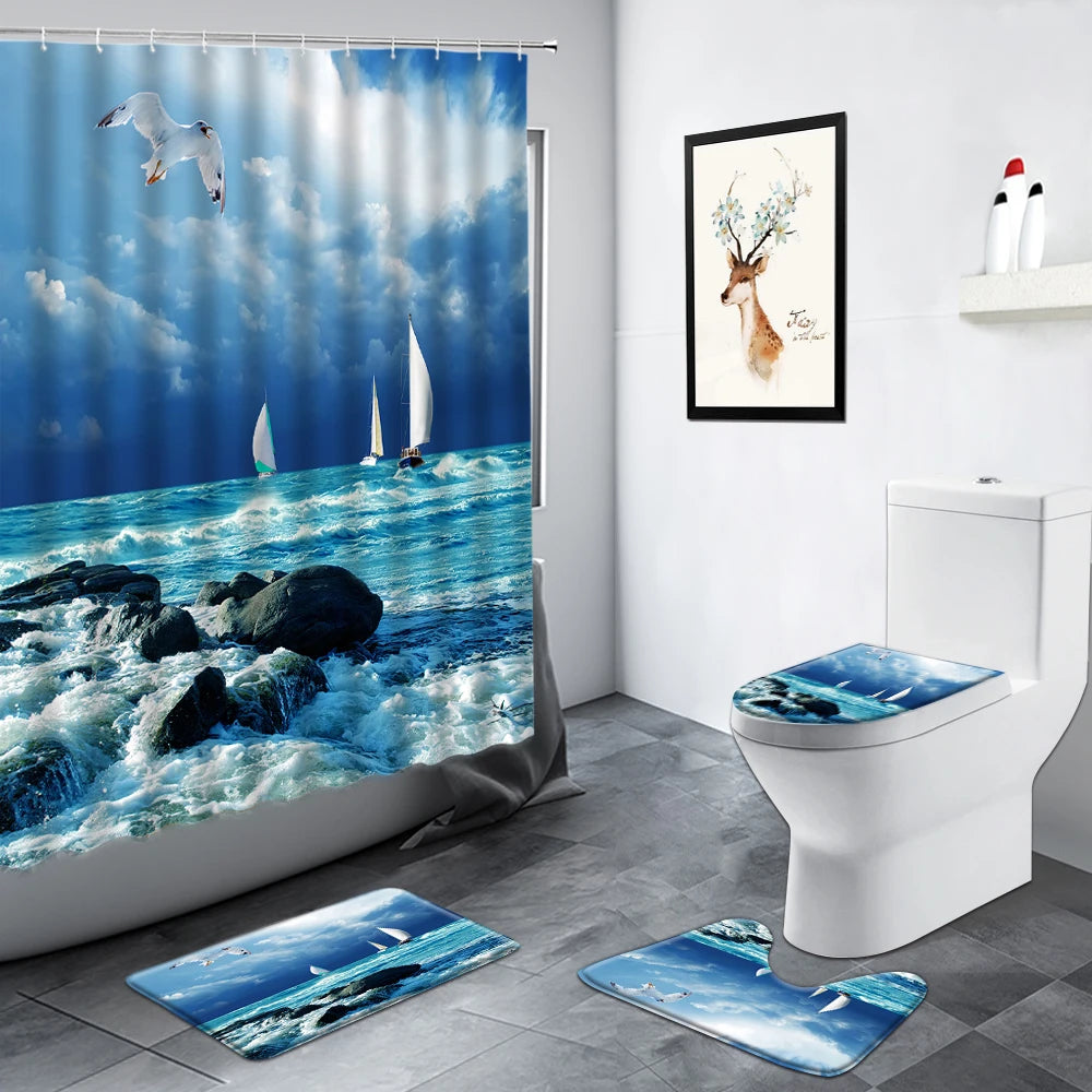 Nautical Sailboat Sports Ocean Landscape Shower Curtain Birds Sea Wave Scenery Bathroom Decor Non-slip Rug Toilet Bath Mats Sets