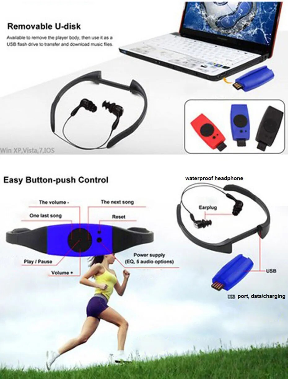 4G/8GB IPX8 Waterproof MP3 Player Head Wearing For Diving Swim Surfing Underwater Sports Music Players