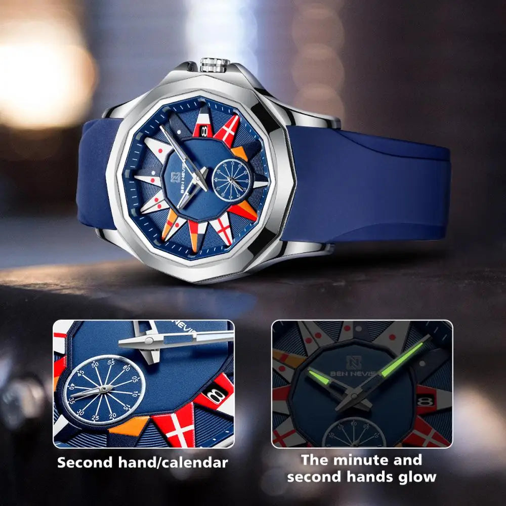 BEN NEVIS 2021 New Creative Nautical Flag Quartz Watch Men Calendar Military Sport Soft Silicone Strap Waterproof Clock Relogio