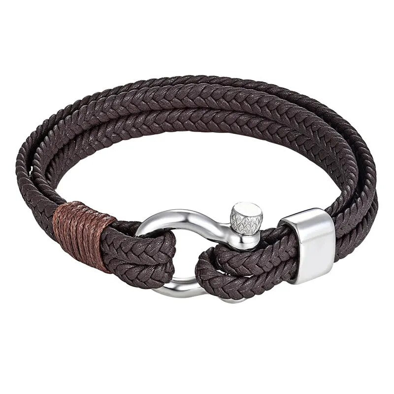 High Quality Stainless Steel Shackle Buckle Leather Survival Bracelets Bangle Men Surf Nautical Sailor Surfer Wristband Jewelry
