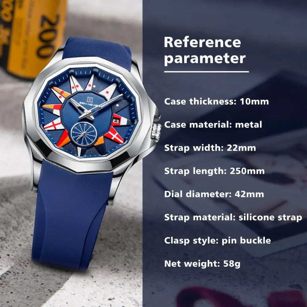 BEN NEVIS 2021 New Creative Nautical Flag Quartz Watch Men Calendar Military Sport Soft Silicone Strap Waterproof Clock Relogio