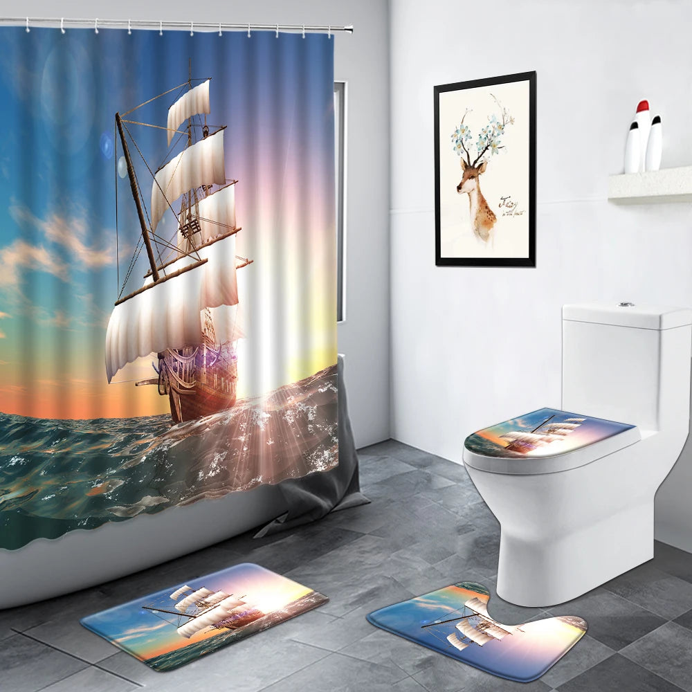 Nautical Sailboat Sports Ocean Landscape Shower Curtain Birds Sea Wave Scenery Bathroom Decor Non-slip Rug Toilet Bath Mats Sets