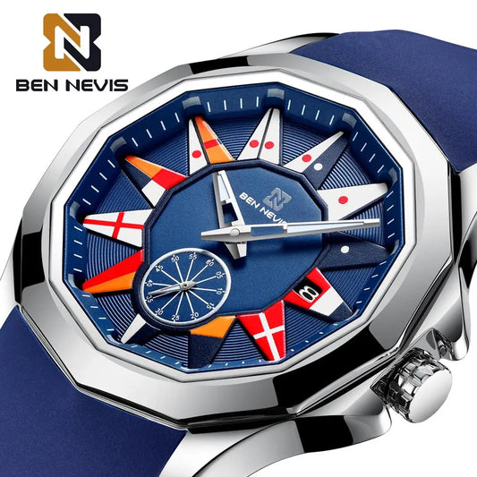 BEN NEVIS 2021 New Creative Nautical Flag Quartz Watch Men Calendar Military Sport Soft Silicone Strap Waterproof Clock Relogio