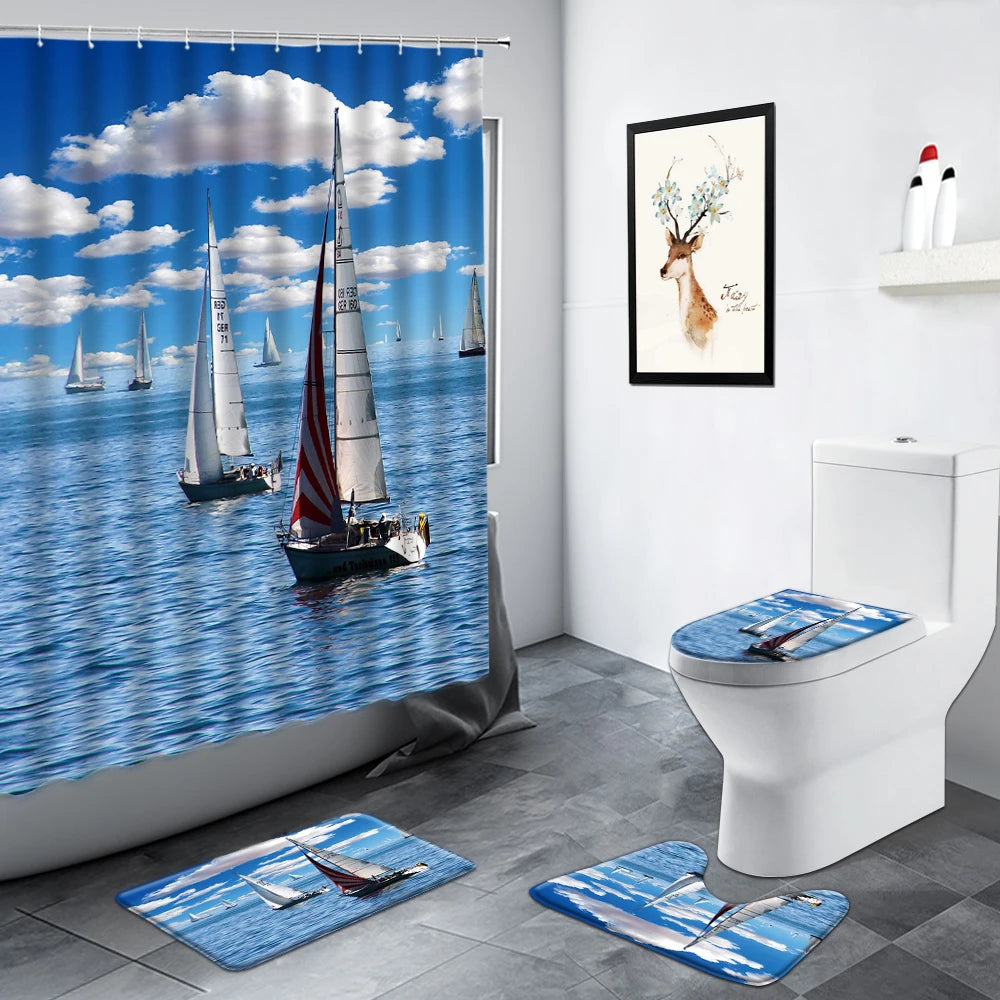 Nautical Sailboat Sports Ocean Landscape Shower Curtain Birds Sea Wave Scenery Bathroom Decor Non-slip Rug Toilet Bath Mats Sets