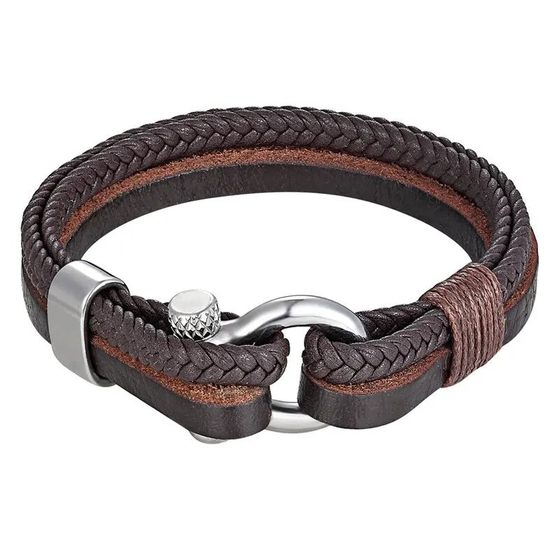 High Quality Stainless Steel Shackle Buckle Leather Survival Bracelets Bangle Men Surf Nautical Sailor Surfer Wristband Jewelry