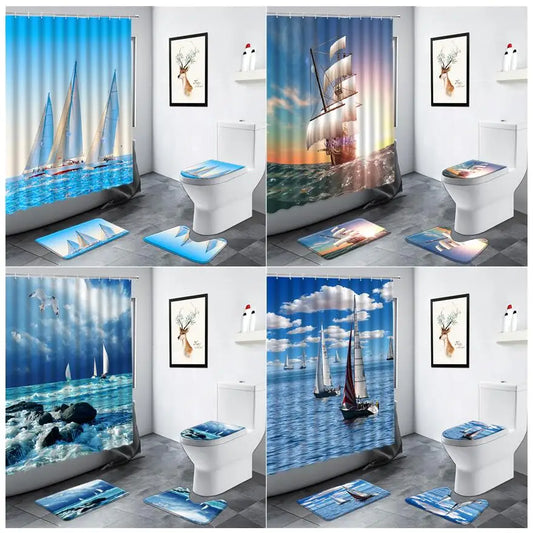Nautical Sailboat Sports Ocean Landscape Shower Curtain Birds Sea Wave Scenery Bathroom Decor Non-slip Rug Toilet Bath Mats Sets