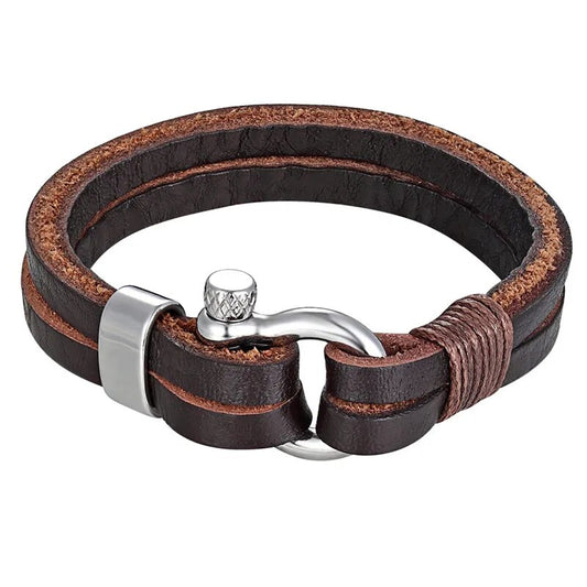 Alta qualidade de aço inoxidável manilha fivela couro sobrevivência pulseiras pulseira masculino surf náutico marinheiro surfista pulseira jóias