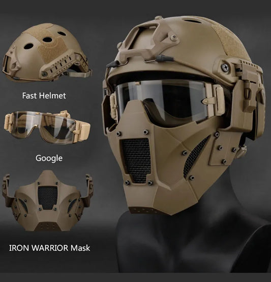 Máscara tática multifuncional de malha de ferro com capacete rápido e óculos táticos para airsoft, caça, motocicleta, esporte