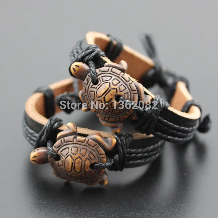 Cool Carving Tribal style Sea Turtles Pendant Surf Leather Bracelet Bangles Gift MB81