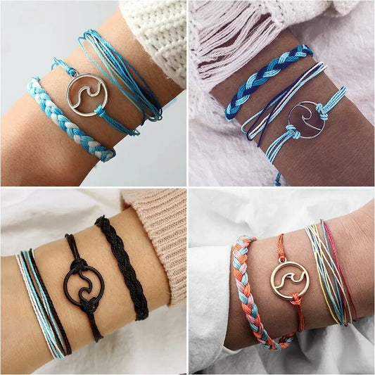 3pcs/set Bohemian Beach Surf Bracelets Set Wave Handmade Braided Bracelet Adjustable Multilayer Wristband Bracelet Women Gift