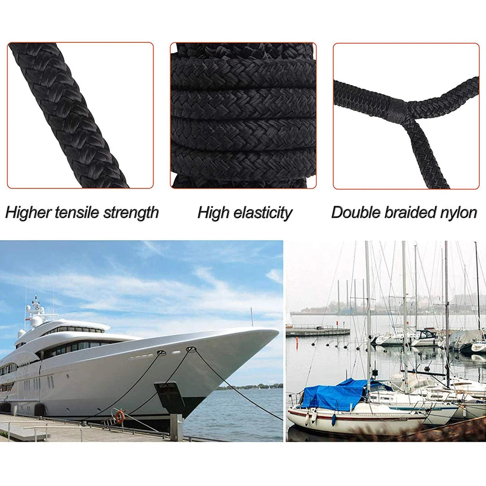 Linha de doca de barco dupla trançada de nylon preto linha de amarração corda de âncora ultra forte linhas de doca 16,5 pés 25 pés 50 pés
