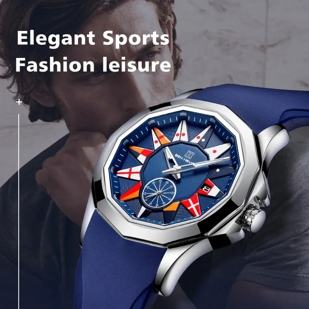 BEN NEVIS 2021 New Creative Nautical Flag Quartz Watch Men Calendar Military Sport Soft Silicone Strap Waterproof Clock Relogio