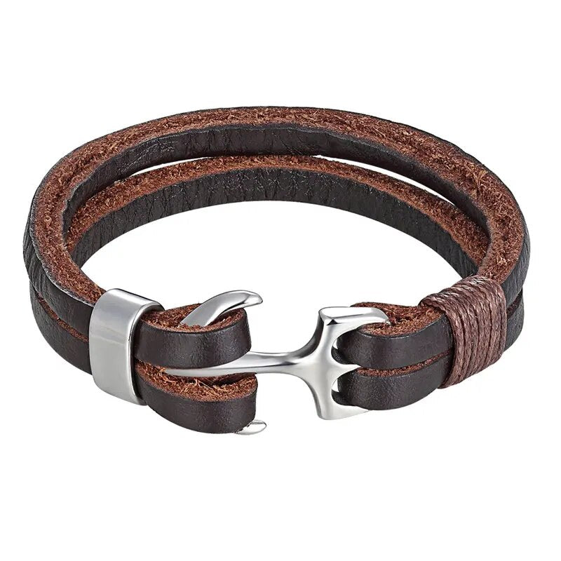 High Quality Stainless Steel Shackle Buckle Leather Survival Bracelets Bangle Men Surf Nautical Sailor Surfer Wristband Jewelry