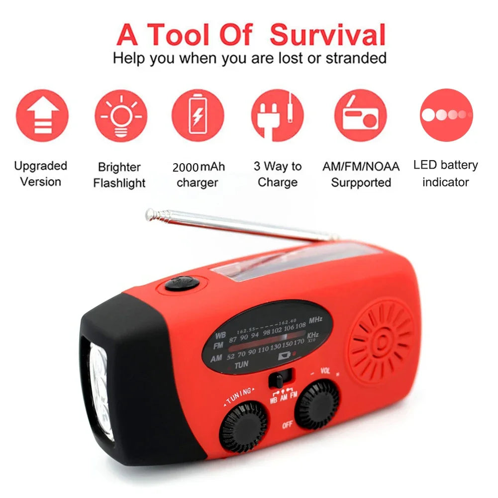 Portable Phone Charger with LED Lights Solar Hand Crank Radio USB Charged & Solar Power Multifunctional for Camping Emergency