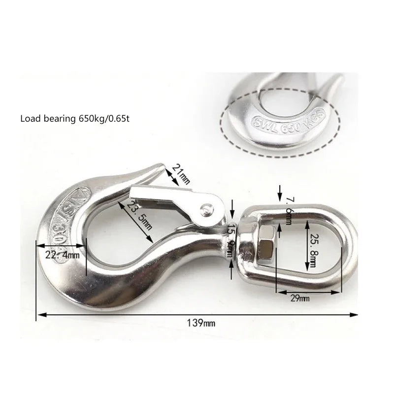 Marine 304 Stainless Steel Lifting Chain Hoist Eye Swivel Rotatable Cargo Hook Shackle Swivel Snap Hook Load 0.15-1.5T HeavyDuty