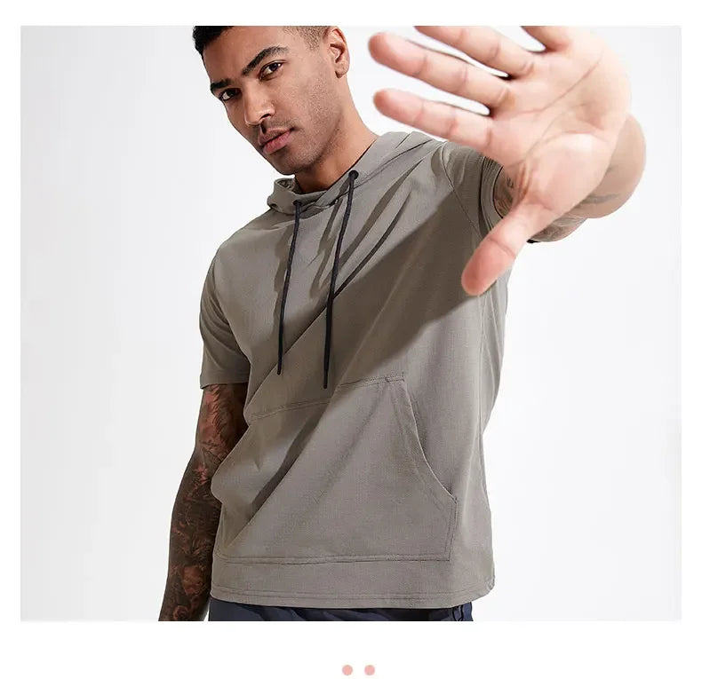 Mens Hoodies Sweatshirts Short Sleeve Tight Sports Jogging Compression Hoodie Outdoor Leisure Tees Casual Solid Color Hoody