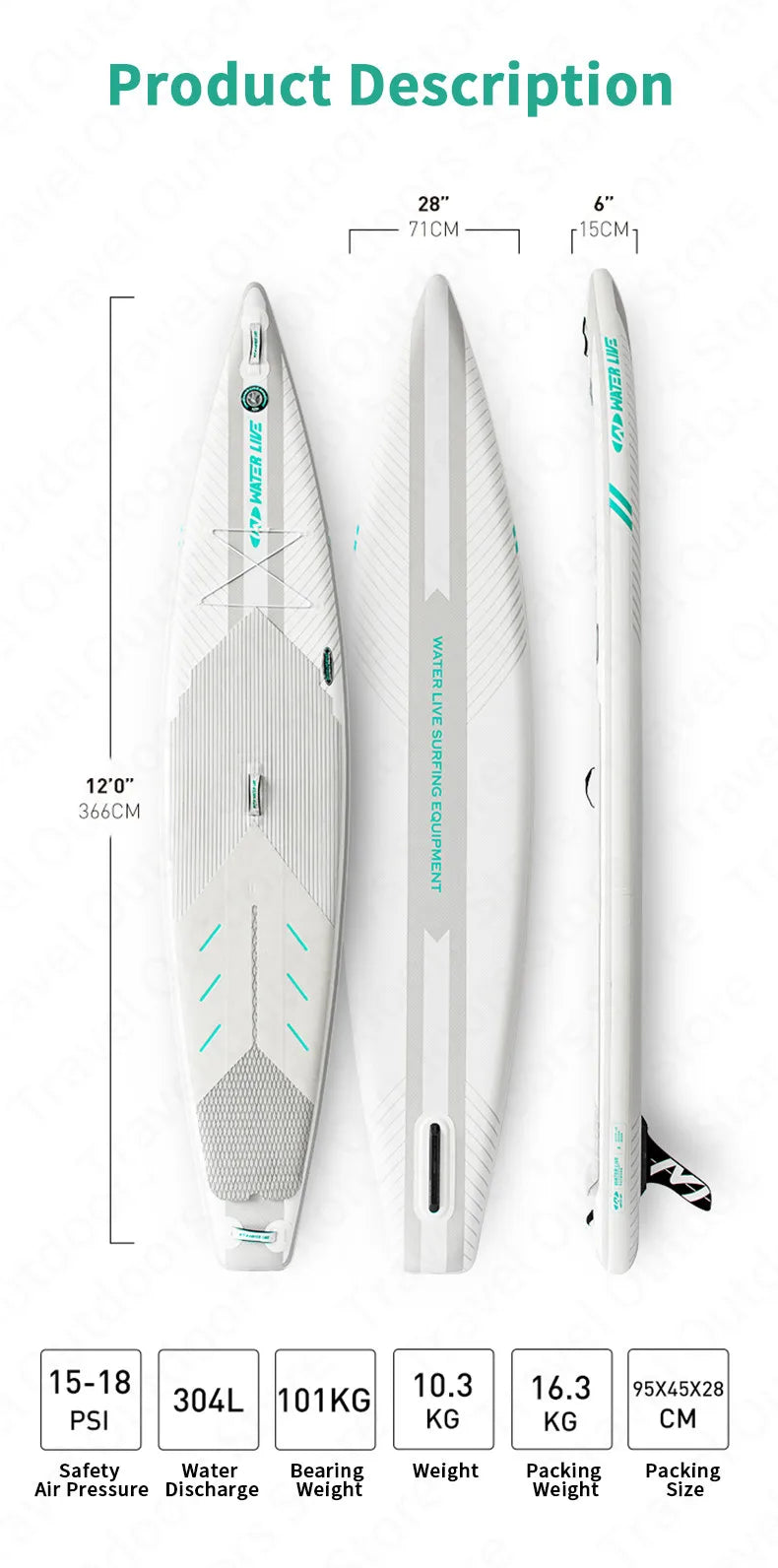 WATER LIVE Sparkling 12’ 0" Inflatable Surfing Board Pointed Design Cruise Travel Paddle Board With Safety Rope 12’ 0"x28"x6"