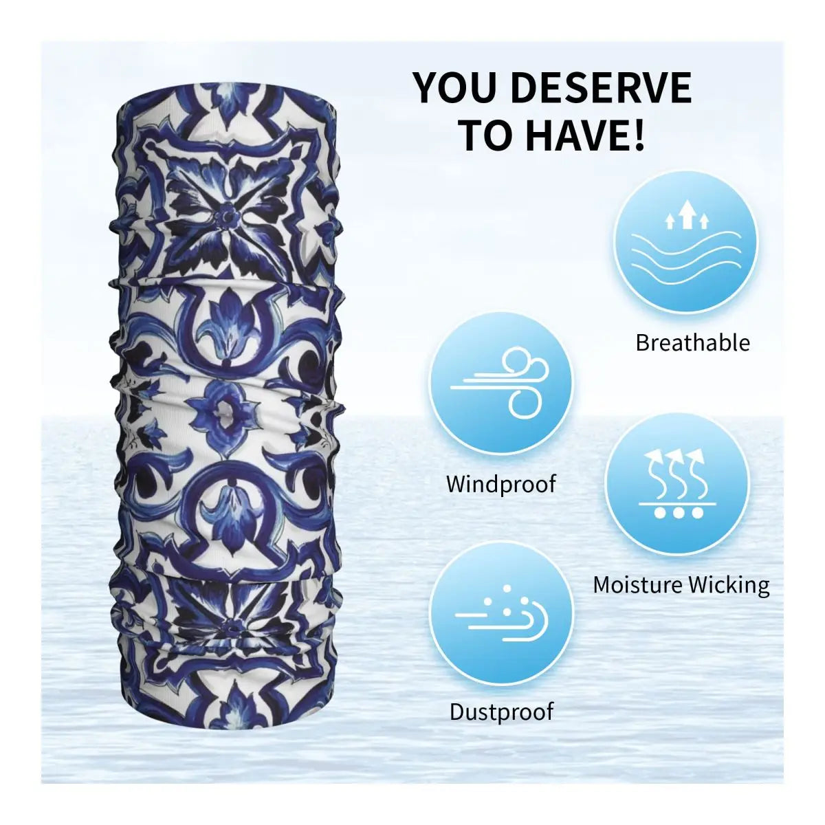 Blue Ornate Floral Mediterranean Sicilian Tile Bandana Neck Cover Mask Scarf Multi-use FaceMask Cycling For Men Adult Washable