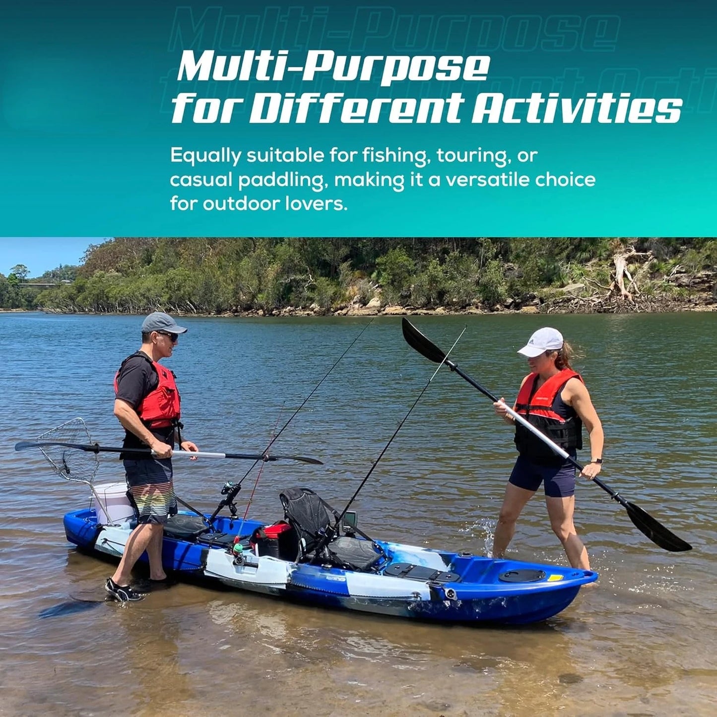 Reel Yaks Tandem Fishing Angler Kayak 12.5ft Sit On Top Boat for 2 3 Persons 550 lbs Capacity Stable W Hull Family Adventure