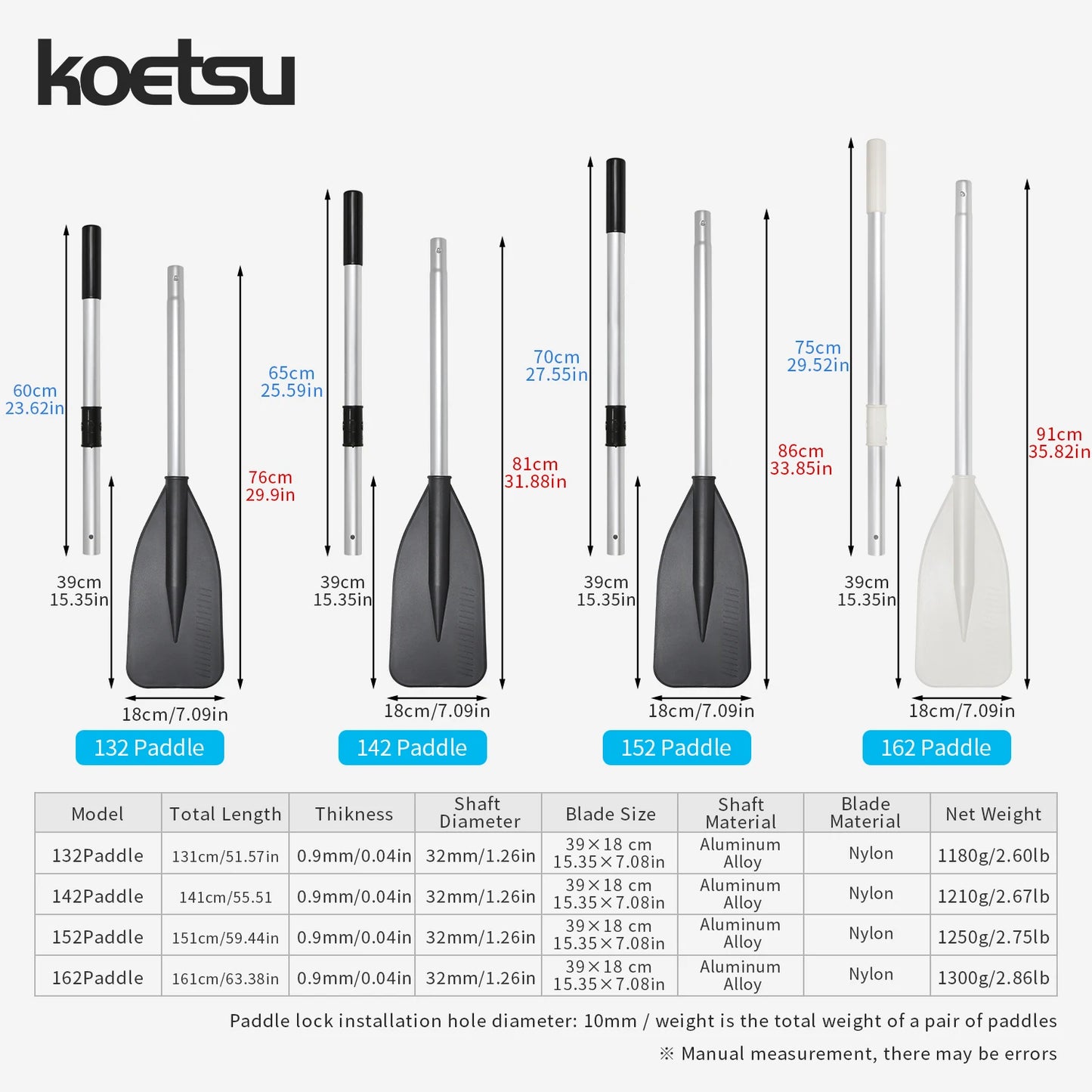 KOETSU 2-Pcs Marine Aluminum Oars. Features an aluminum shaft with nylon blades, for rowboats, kayaks, canoes, and inflatables.