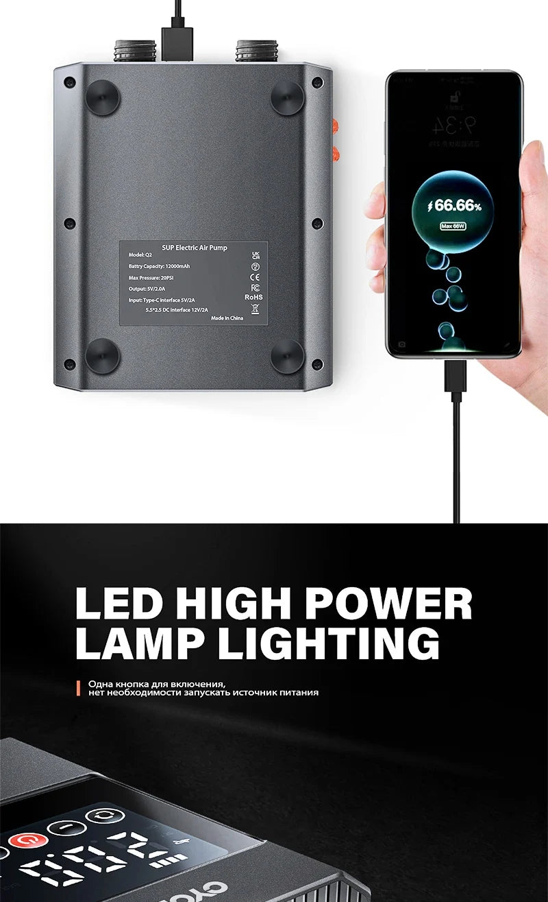 20PSI SUP Pump Stand-Up Paddle Rechargeable Inflatable PVC Boat Kayak Accessories for Stand Board Surfing Kite Tent Mattress