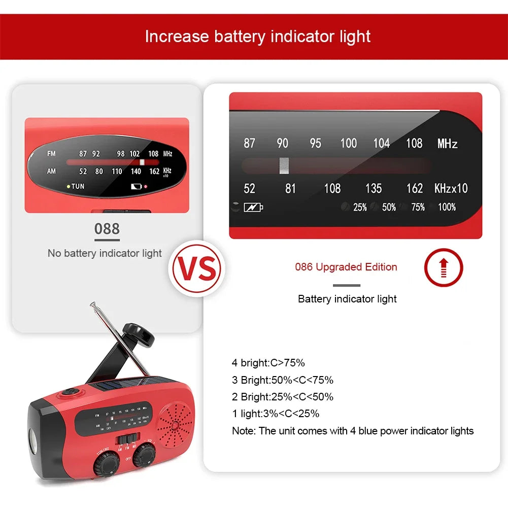 Portable Phone Charger with LED Lights Solar Hand Crank Radio USB Charged & Solar Power Multifunctional for Camping Emergency