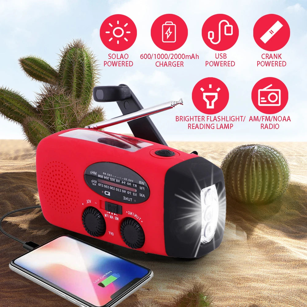 2000mAh high capacity rechargeable radio solar rechargeable emergency light outdoor camping flashlight waterproof portable light