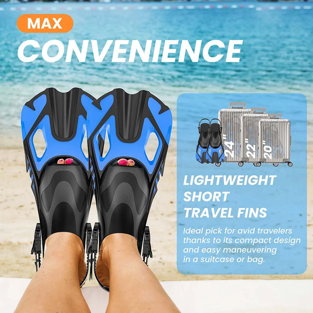 Snorkel Fins Swim Fins Travel Size Short Adjustable for Snorkeling Diving Adult Men Women Unisex Open Heel Swimming Flippers