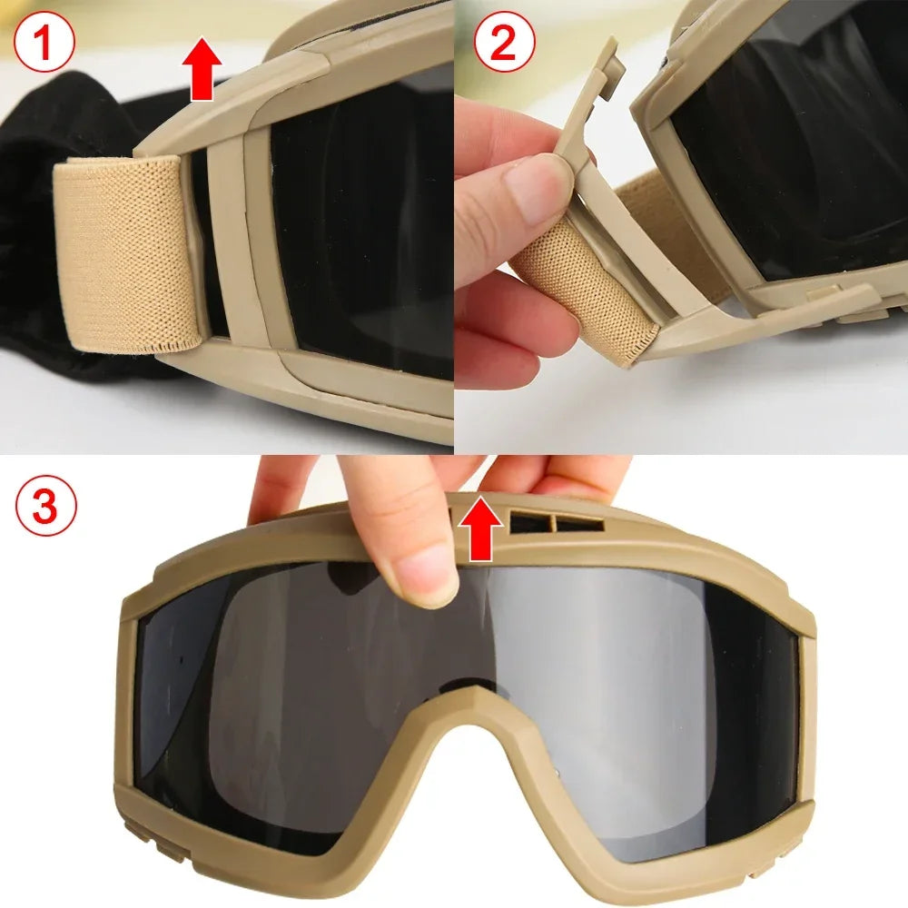 Goggles 3 lenses windproof dustproof shooting off-road motorbike mountain riding hiking glasses safety UV protection