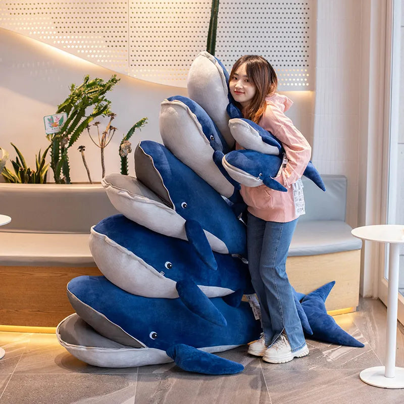 120cm Huge Blue Whale Doll Plush Toy Soft Aquatic Animal Plushie Mouth with Zipper Sleeping Throw Pillow Kid Girl Christmas Gift