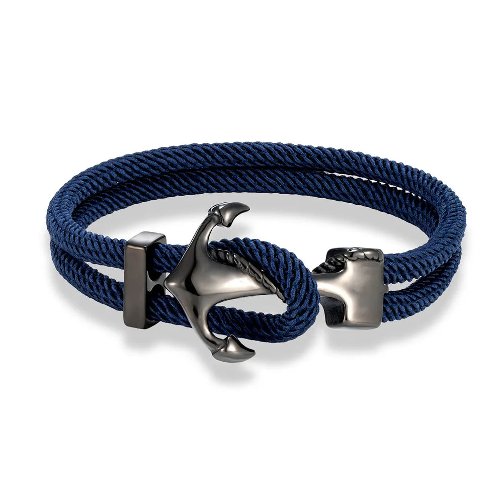 MKENDN Navy Anchor Bracelets Men Double strand Nautical Rope Bracelet Women Black Stainless Steel Surfer Sport Hook