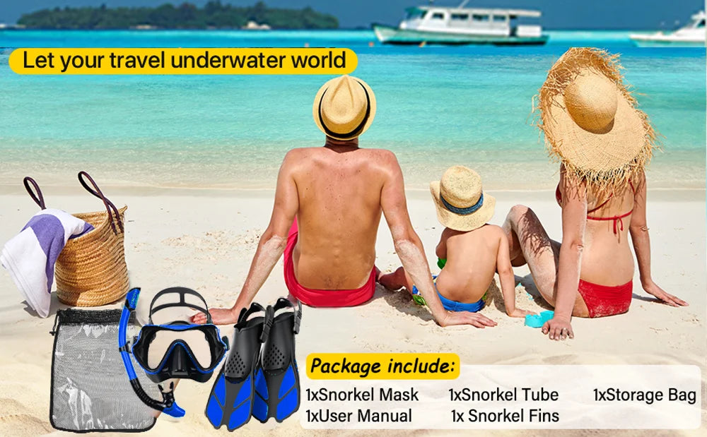 Mask Fin Snorkel Set Snorkel Gear for Adult Panoramic View Snorkel Mask Adjustable Dive Flipper Dry Top Snorkel and Travel Bag