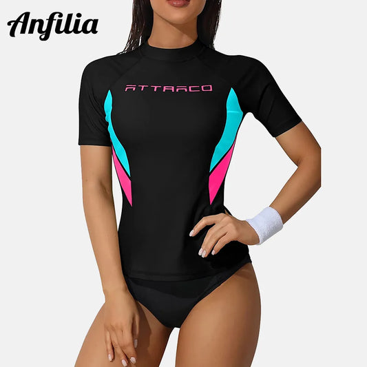 Anfilia Camisa feminina de manga curta com proteção contra queimaduras, roupa de banho com proteção contra queimaduras, top de surf, camisa justa UPF 50+