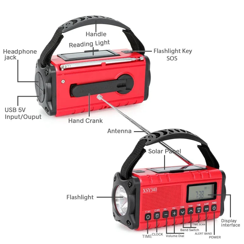 2025 Upgrade 10000mAh Emergency Weather Radio Solar Hand Crank AM/FM Portable Radio Headphone Jack Flashlight Reading Light SOS