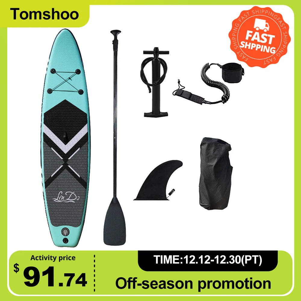 Prancha de remo inflável, prancha de surf, esporte aquático, caiaque, conjunto de surf com placa de remo, barbatana traseira, corda de pé, inflador e bolsa