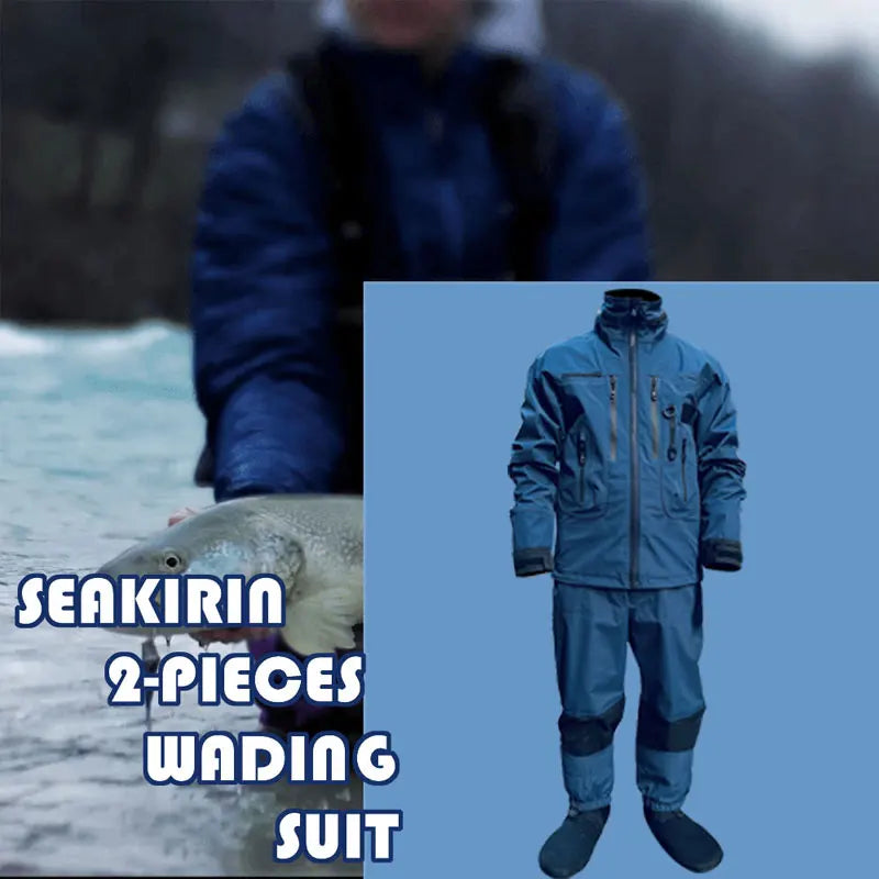 Waterproof Fishing Rain Suit Set Insulated Waist Wader and Hooded Wading Jacket Winter Sailing Clothing for Men&Women Navy Blue